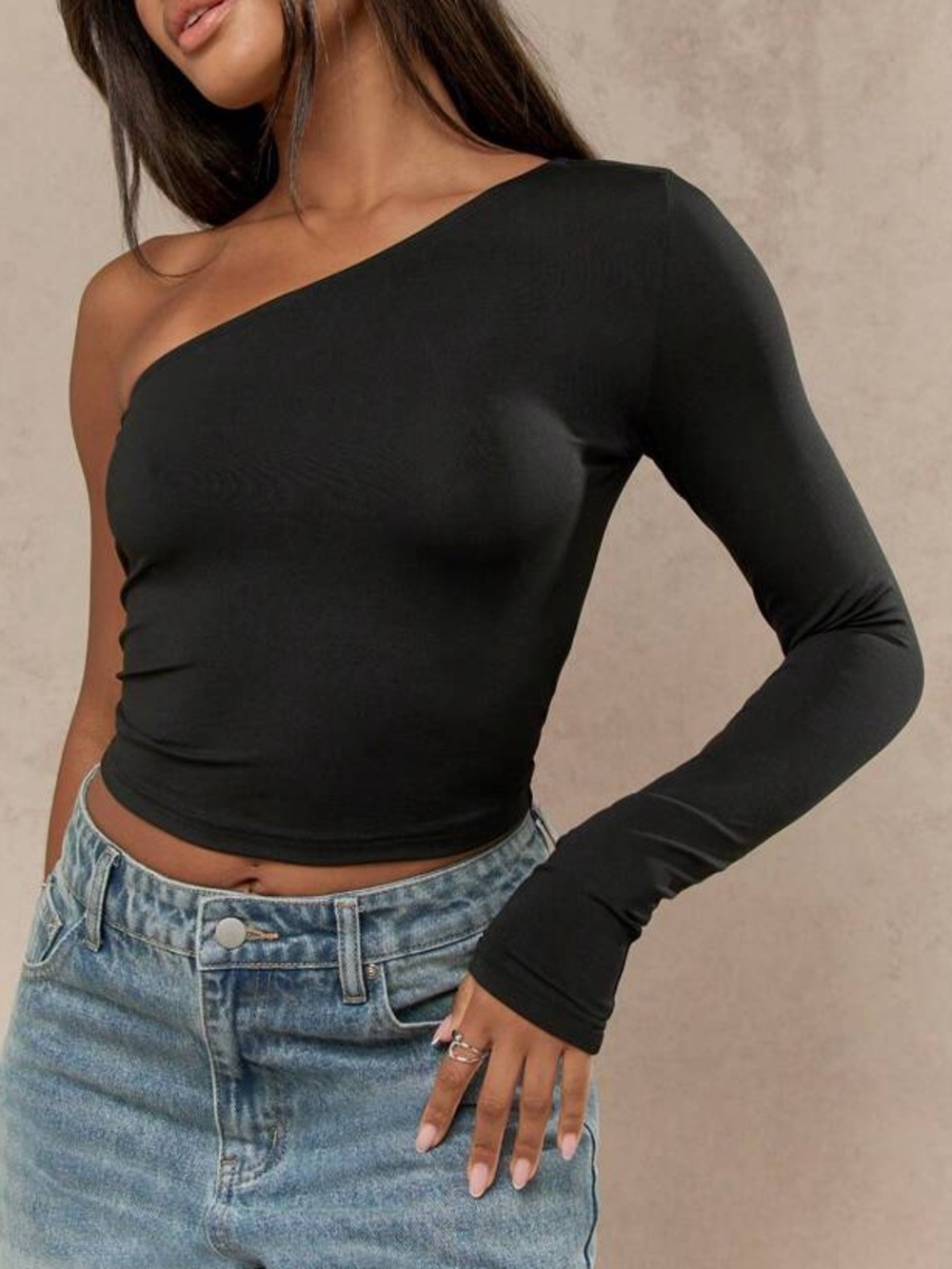 SHEIN One Shoulder Solid Black Long Sleeve Crop Top